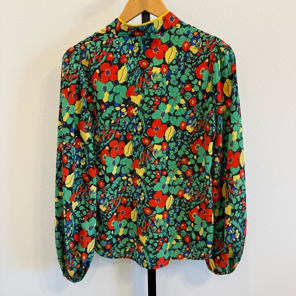Alexis Red and Green Floral Long Sleeve Blouse Mandarin Collar Small Office - Picture 4 of 9
